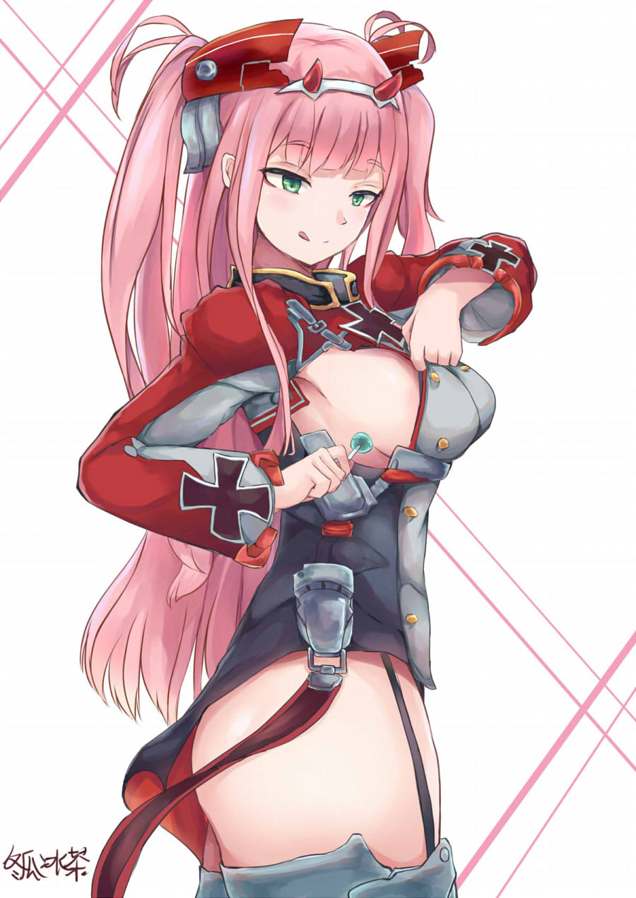 1girl :q antenna_hair aqua_eyes azur_lane bangs breasts candy cosplay darling_in_the_franxx donggua_bing_cha eyebrows_visible_through_hair eyeshadow food hair_between_eyes hairband headgear highres horns iron_cross large_breasts lollipop long_hair looking_at_viewer makeup military pink_hair prinz_eugen_(azur_lane) prinz_eugen_(azur_lane)_(cosplay) shiny shiny_hair sideboob solo tongue tongue_out two_side_up white_hairband zero_two_(darling_in_the_franxx)