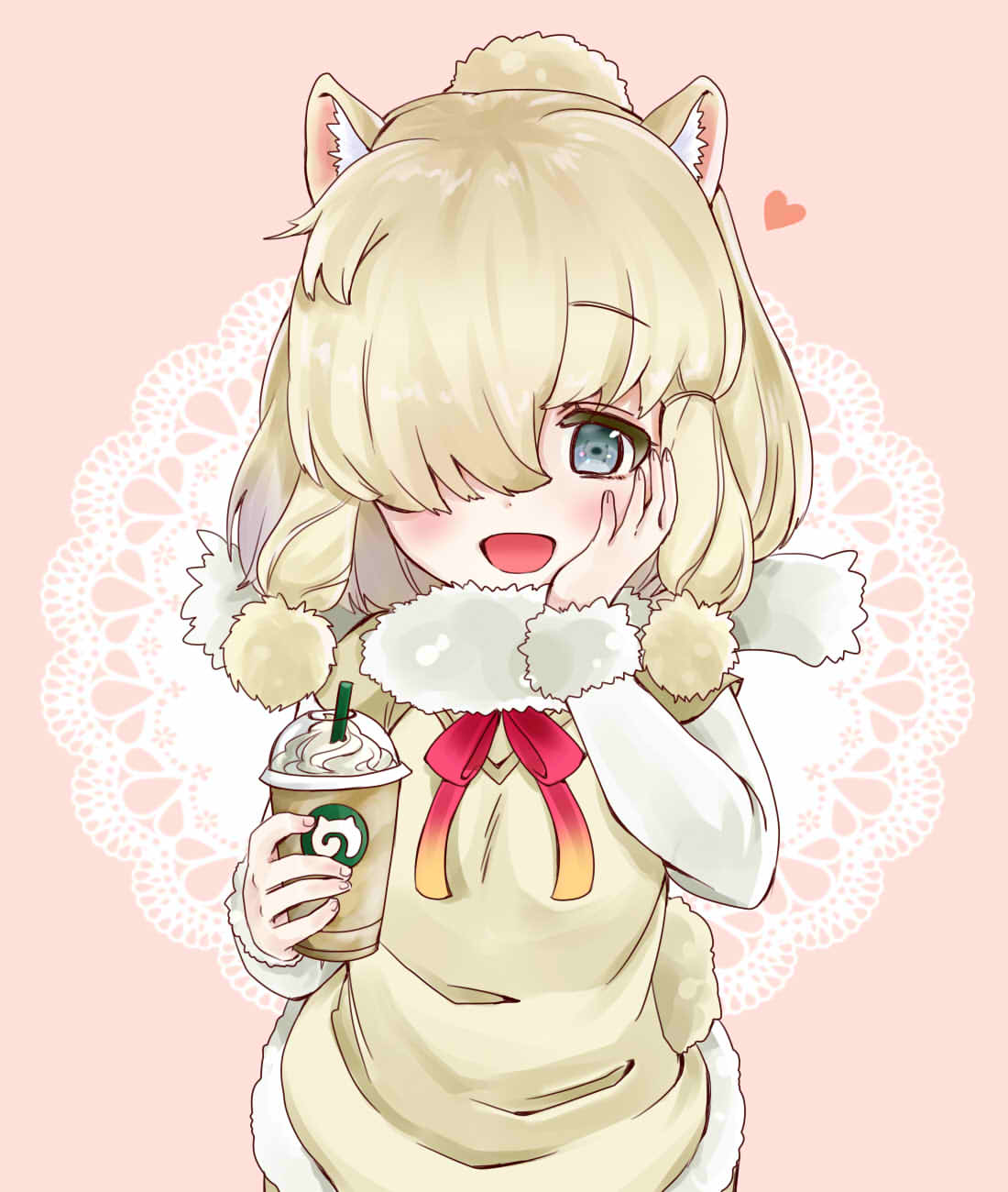 1girl :d alpaca_ears alpaca_tail blonde_hair blush bow bowtie coffee_cup cream cup drinking_straw eyebrows_visible_through_hair fur-trimmed_sleeves fur_collar fur_trim hair_bun hair_over_one_eye hand_on_own_cheek heart hekicho highres holding holding_cup japari_symbol kemono_friends lace_background looking_at_viewer open_mouth pink_background red_bow red_bowtie short_over_long_sleeves smile solo vest