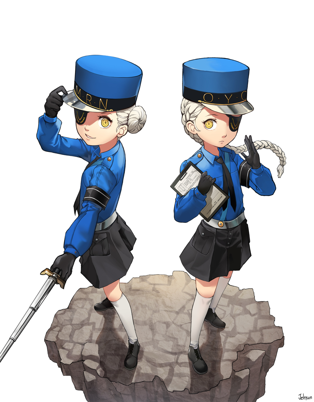 10s 2girls adjusting_clothes adjusting_hat arm_up armband artist_name black_gloves black_neckwear black_shors blue_shirt braid caroline_(persona_5) clipboard closed_mouth collared_shirt expressionless eyepatch floating_rock full_body gloves grin hair_bun hand_on_headwear hat highres holding jehyun justine_(persona_5) kneehighs long_hair long_sleeves looking_at_viewer multiple_girls necktie one_eye_covered parted_lips persona persona_5 pointer shirt siblings silver_hair simple_background single_braid smile standing thigh-highs twins white_background white_legwear wing_collar yellow_eyes zettai_ryouiki