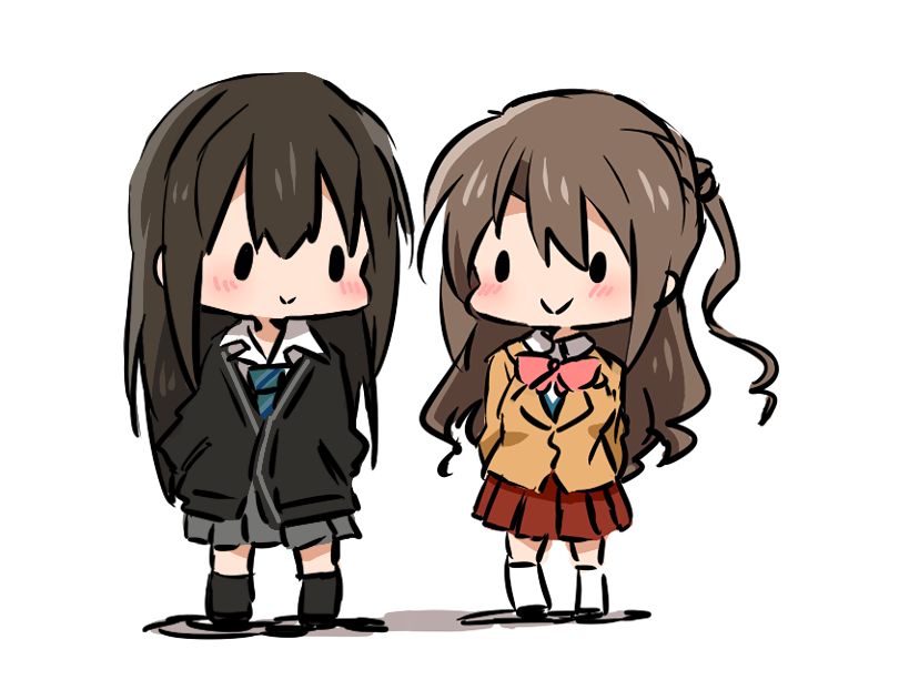 2girls :&gt; arms_behind_back blazer blush brown_hair cardigan chibi hands_in_pockets idolmaster idolmaster_cinderella_girls iwashi_(ankh) jacket long_hair looking_at_another multiple_girls necktie school_uniform shibuya_rin shimamura_uzuki side_ponytail simple_background skirt smile white_background