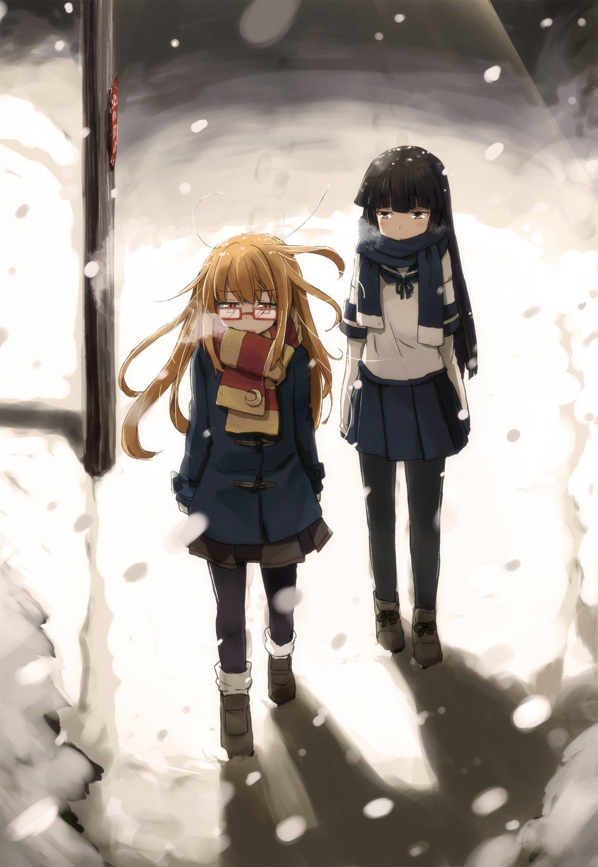 2girls bangs black_hair black_legwear black_skirt blue_coat blue_scarf blue_skirt blunt_bangs brown_eyes brown_hair collared_shirt commentary duffel_coat hatsuyuki_(kantai_collection) highres hime_cut kantai_collection long_hair long_sleeves mizumoto_tadashi mochizuki_(kantai_collection) multiple_girls neckerchief pantyhose pleated_skirt red-framed_eyewear scarf school_uniform serafuku shirt skirt snow snowing