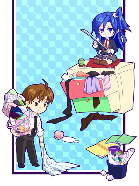 10s 1boy 1girl ahoge black_neckwear black_pants blue_eyes brown_eyes brown_hair cleaning cleaning_weapon commentary_request hottate katana kazanari_tsubasa long_hair long_sleeves messy necktie ogawa_shinji_(symphogear) pants red_necktie school_uniform seiza senki_zesshou_symphogear side_ponytail sitting skirt smile sword thigh-highs violet_eyes weapon