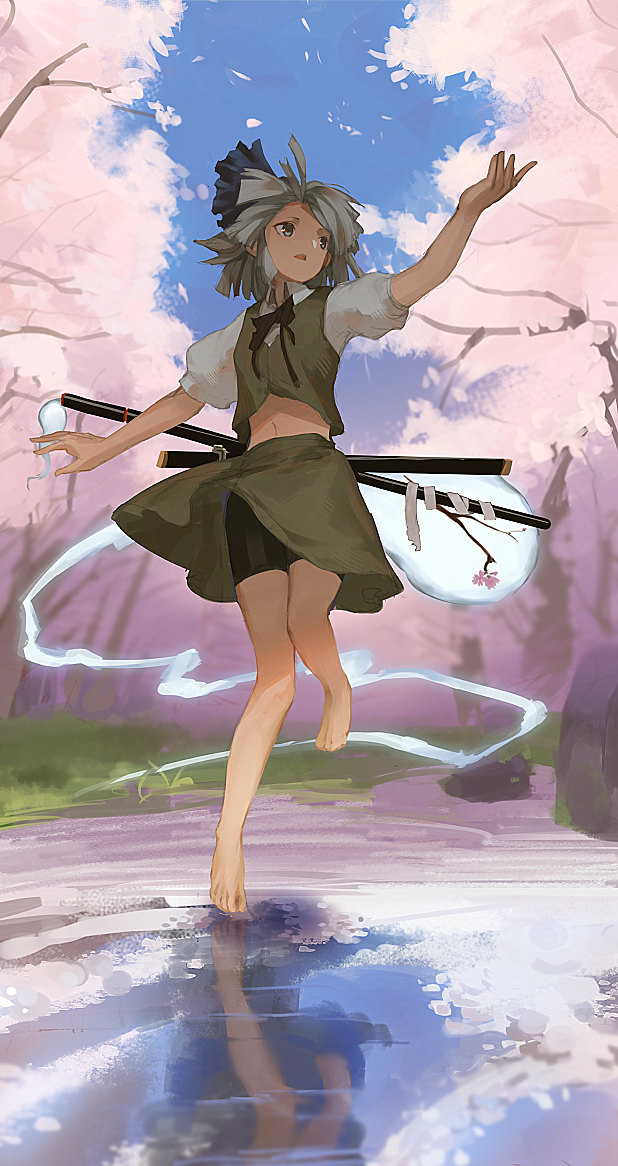 1girl bangs barefoot blue_sky bowtie cherry_blossoms dancing feet ghost green_eyes hair_ribbon katana kinketsu konpaku_youmu konpaku_youmu_(ghost) navel open_mouth reflection ribbon scabbard sheath short_hair short_sleeves silver_hair skirt sky solo stomach sword tagme tiptoes toes touhou trees vest water wind wind_blowing