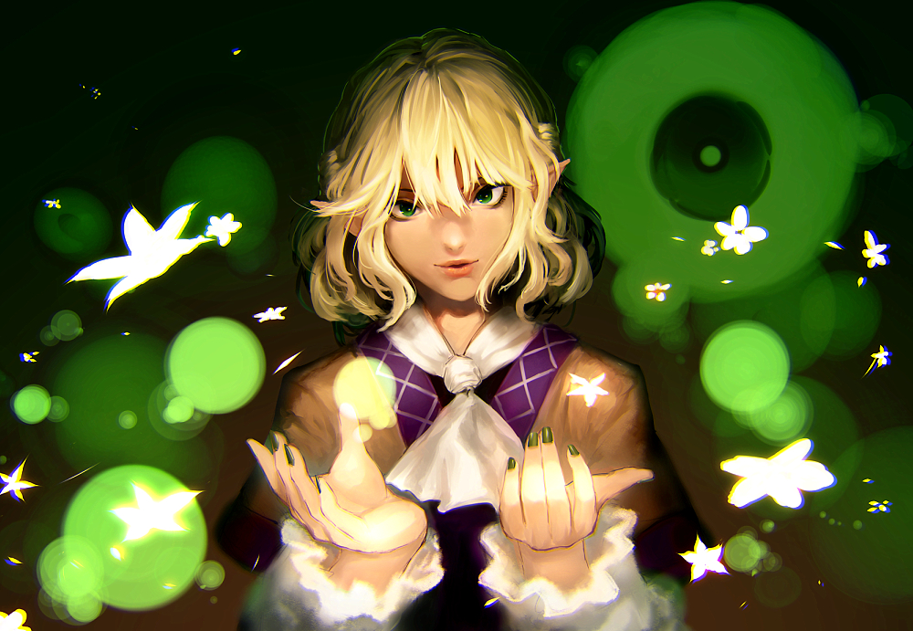 1girl arm_warmers blonde_hair butterfly flower green_eyes kinketsu lipstick looking_at_viewer makeup mizuhashi_parsee nail_polish pointy_ears scarf short_hair solo touhou upper_body