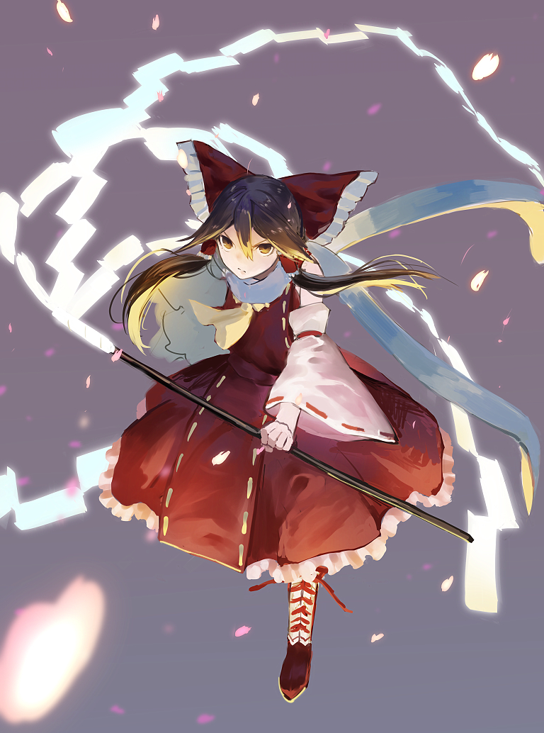 1girl black_hair boots brown_eyes detached_sleeves determined gohei hair_ribbon hair_tubes hakurei_reimu kinketsu long_hair looking_at_viewer neckerchief nontraditional_miko petals ribbon scarf skirt solo touhou wide_sleeves