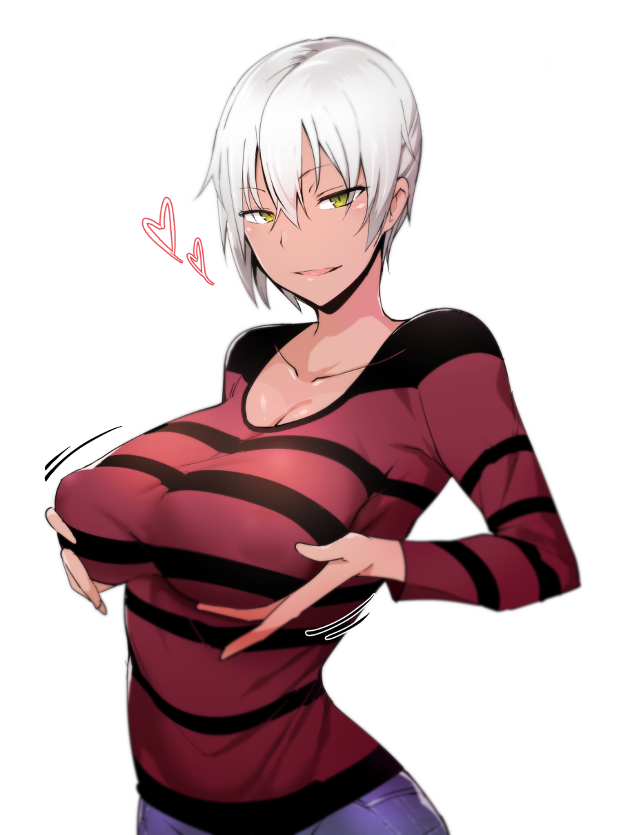 &gt;:) 1girl bouncing_breasts breasts cleavage collarbone dark_skin highres large_breasts long_sleeves looking_at_viewer original parted_lips pocari_sweat_(artist) shirt short_hair simple_background smile solo striped striped_shirt upper_body white_background white_hair yellow_eyes