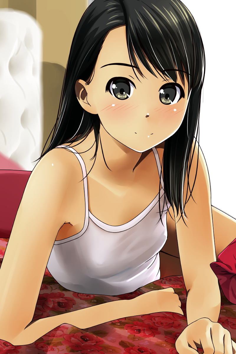 1girl arm_support asymmetrical_bangs bangs bare_shoulders black_hair blanket blush breasts closed_mouth eyebrows_visible_through_hair floral_print foreshortening green_eyes highres indoors leaning_forward long_hair looking_at_viewer lying matsunaga_kouyou on_bed on_side original sleeveless small_breasts smile solo tareme thighs upper_body