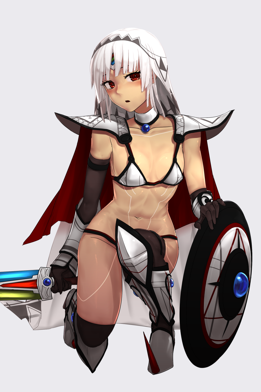 1girl altera_(fate) armor bikini_armor black_gloves black_legwear blush breasts cape collarbone cosplay dark_skin elbow_gloves elizabeth_bathory_(brave)_(fate) elizabeth_bathory_(brave)_(fate)_(cosplay) fate/grand_order fate_(series) full_body_tattoo gloves greaves highres holding holding_sword holding_weapon i-pan kneeling lancer_(fate/extra_ccc) looking_at_viewer navel open_mouth pauldrons red_eyes revealing_clothes shield shiny shiny_skin short_hair small_breasts solo sword tattoo thigh-highs veil weapon white_hair