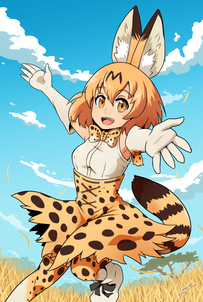 1girl :d animal_ears armpits arms_up artist_name blonde_hair boots bow bowtie clouds commentary day elbow_gloves gloves hair_between_eyes high-waist_skirt kemono_friends knee_boots lareindraws leg_up looking_at_viewer open_mouth outdoors outstretched_arms print_bowtie print_legwear print_skirt savannah serval_(kemono_friends) serval_ears serval_print serval_tail shirt shoe_ribbon signature skirt sky sleeveless smile solo spread_arms tail thigh-highs tree white_shirt yellow_bow yellow_bowtie yellow_eyes