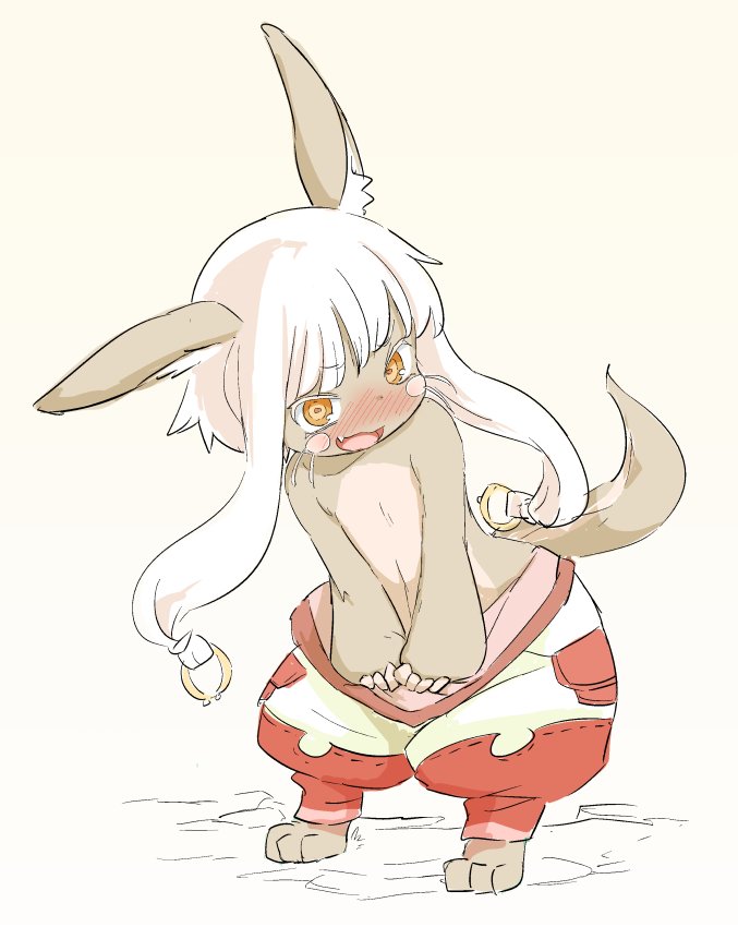 1girl :3 animal_ears blush fang flat_chest furry hair_rings looking_at_viewer made_in_abyss nanachi_(made_in_abyss) nezumi_inu open_mouth pants short_hair_with_long_locks simple_background solo tail topless whiskers white_hair yellow_eyes