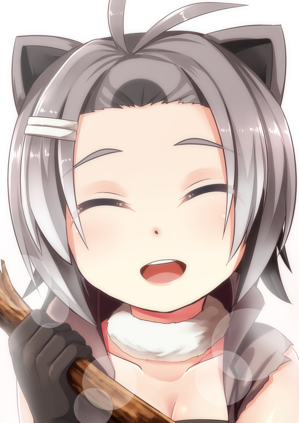 1girl :d ^_^ ^o^ american_beaver_(kemono_friends) antenna_hair bare_shoulders beaver_ears black_gloves blush breasts cleavage close-up closed_eyes collarbone detached_collar face facing_viewer forehead fur_collar gloves grey_hair hair_ornament hairclip highres holding kemono_friends open_mouth round_teeth short_hair simple_background sleeveless small_breasts smile solo stick teeth upper_body vest white_background yasume_yukito