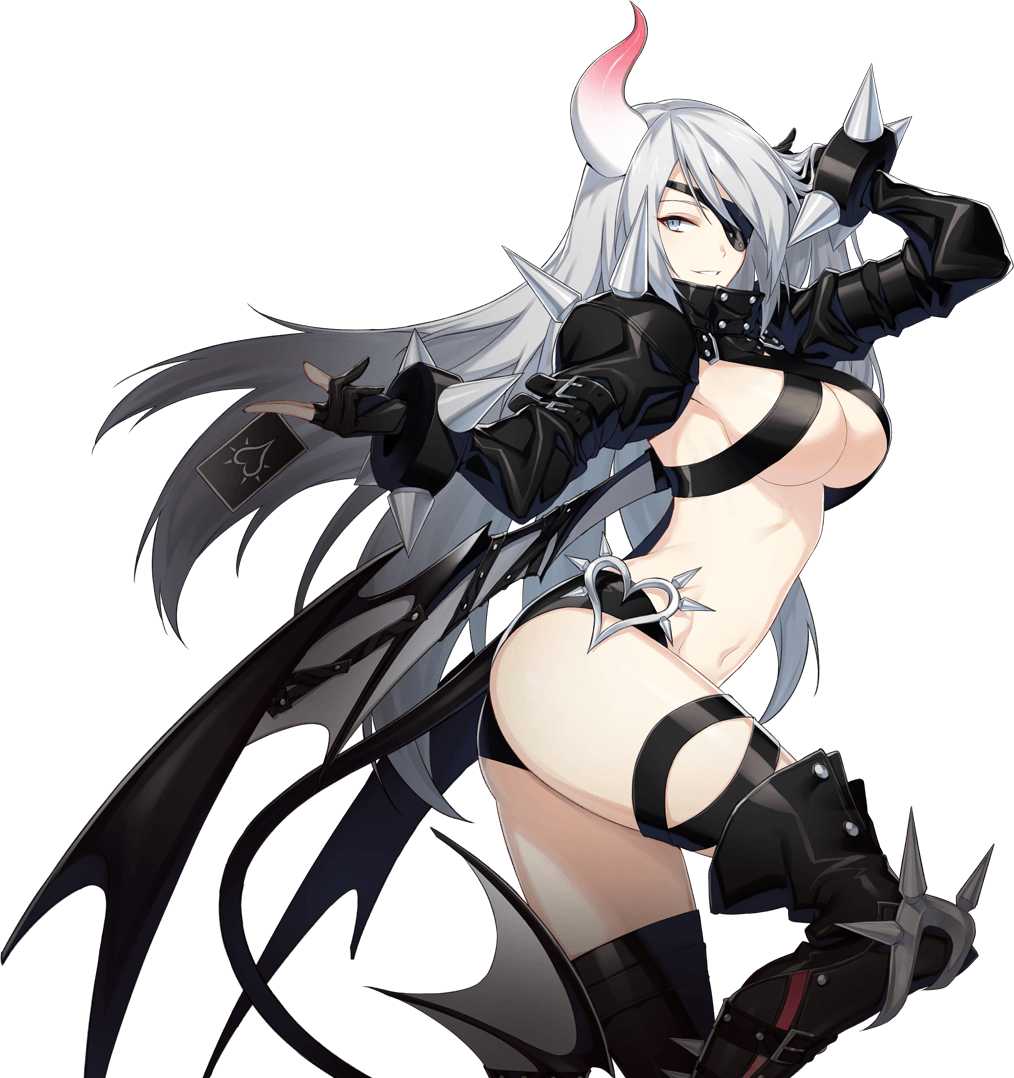 1girl ass blue_eyes boots breasts card cleavage closers demon_girl demon_tail demon_wings eyepatch fingerless_gloves gloves grin harpy_(closers) horn leg_up long_hair md5_mismatch midriff official_art resized sideboob silver_hair smile solo spiked_bracelet succubus tail thigh_boots thigh_strap under_boob upscaled very_long_hair wings