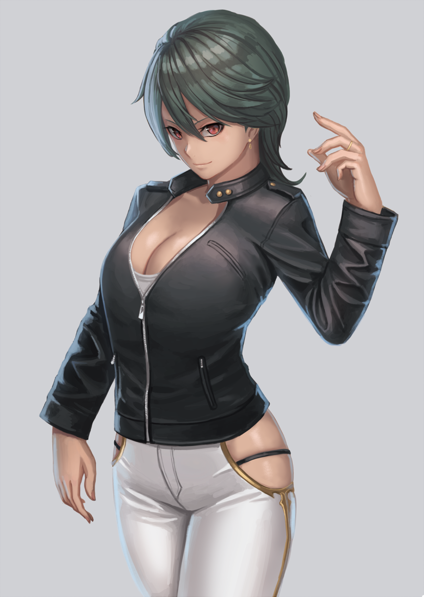 1girl bangs black_hair black_jacket black_panties breasts brown_eyes cleavage closed_mouth grey_background hair_between_eyes hand_up jacket large_breasts leather leather_jacket looking_at_viewer original panties pants partially_unzipped ranma_(kamenrideroz) simple_background smile solo tank_top underwear white_pants zipper