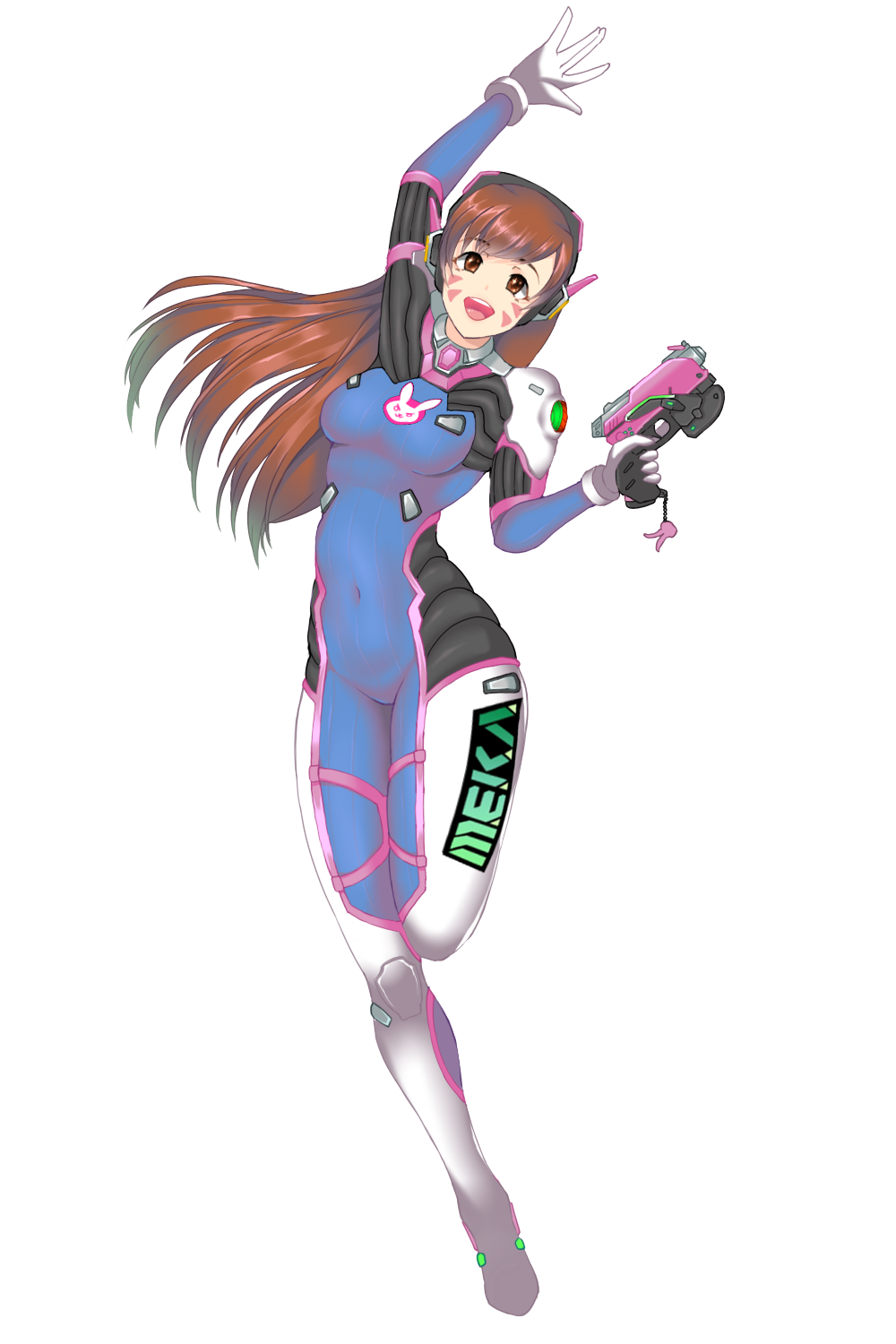 1girl \||/ acronym animal_print arm_up bangs blue_bodysuit bodysuit breasts brown_eyes brown_hair bunny_print charm_(object) clothes_writing d.va_(overwatch) facepaint facial_mark full_body gloves gradient_hair grey_hair gun handgun headphones high_collar highres holding holding_gun holding_weapon long_hair looking_at_viewer medium_breasts multicolored_hair open_mouth overwatch pilot_suit pink_lips pistol ribbed_bodysuit shoulder_pads skin_tight smile solo standing standing_on_one_leg swept_bangs tonaitoo transparent_background weapon whisker_markings white_gloves