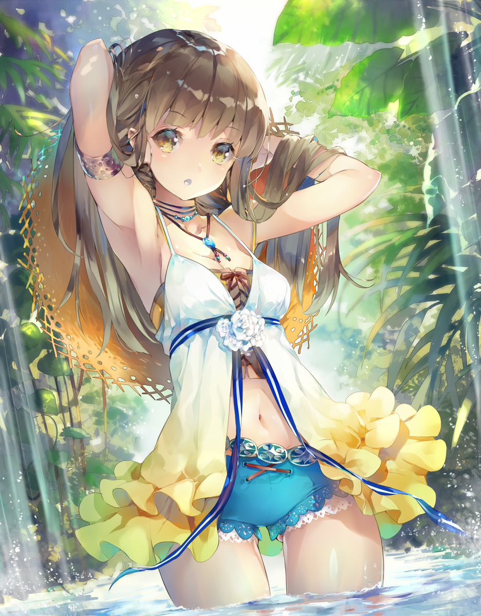 1girl :o armlet armpits arms_up bangs bare_arms breasts brown_hair commentary_request day deecha dress frilled_dress frills gluteal_fold hat hat_removed headwear_removed highres jewelry leaf long_hair looking_at_viewer medium_breasts multicolored multicolored_clothes multicolored_dress navel necklace original outdoors plant solo straw_hat wading water white_dress white_flower yellow_dress yellow_eyes