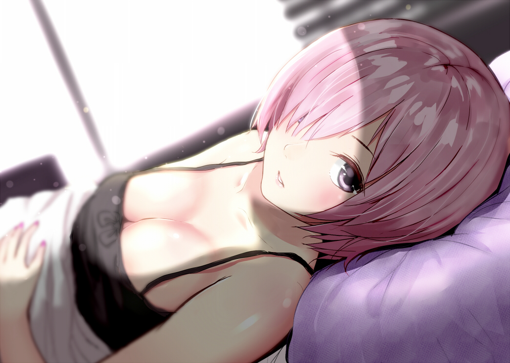 1girl alternate_costume anna_purna backlighting bare_shoulders blanket blurry blush breasts camisole cleavage collarbone commentary_request day depth_of_field dutch_angle fate/grand_order fate_(series) hair_over_one_eye hand_on_own_stomach indoors looking_at_viewer looking_to_the_side lying medium_breasts nail_polish on_back on_bed parted_lips pillow pink_nails shielder_(fate/grand_order) shiny shiny_hair short_hair sleeveless solo sunlight tareme under_covers upper_body