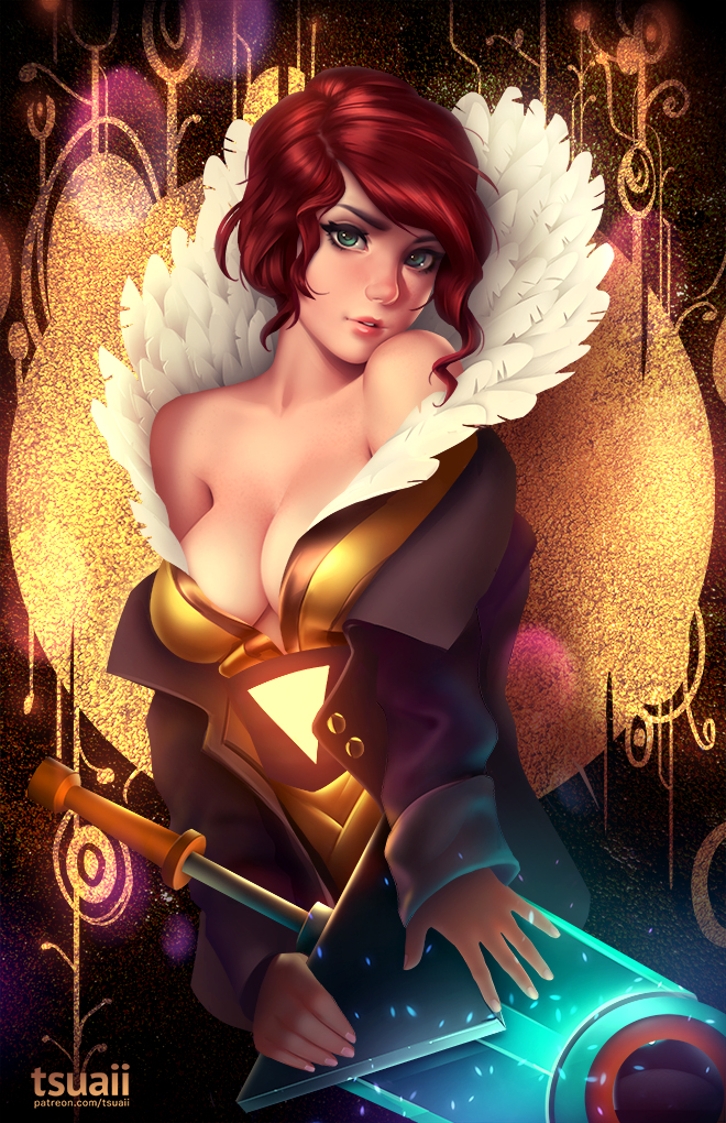 1girl bare_shoulders blue_eyes breasts cleavage eyebrows facing_viewer feather_collar head_tilt high_collar holding holding_weapon jacket jonathan_hamilton lips looking_at_viewer medium_breasts no_bra off_shoulder red_(transistor) redhead solo the_transistor transistor_(game) weapon