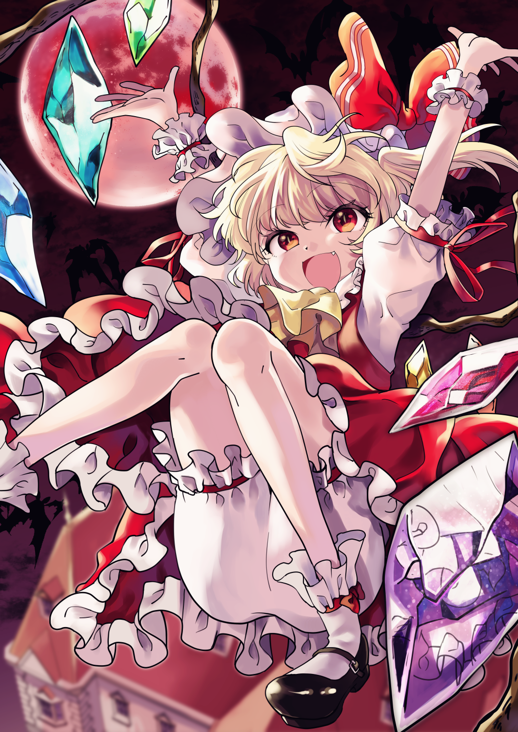 1girl arms_up ascot bat black_footwear blonde_hair bloomers commentary_request fang flandre_scarlet full_moon hat hat_ribbon highres katayama_kei looking_at_viewer mob_cap moon night open_mouth outdoors puffy_short_sleeves puffy_sleeves red_eyes red_ribbon red_skirt ribbon scarlet_devil_mansion shoes short_sleeves skirt skirt_set smile socks solo touhou underwear vest white_hat white_legwear wings wrist_cuffs