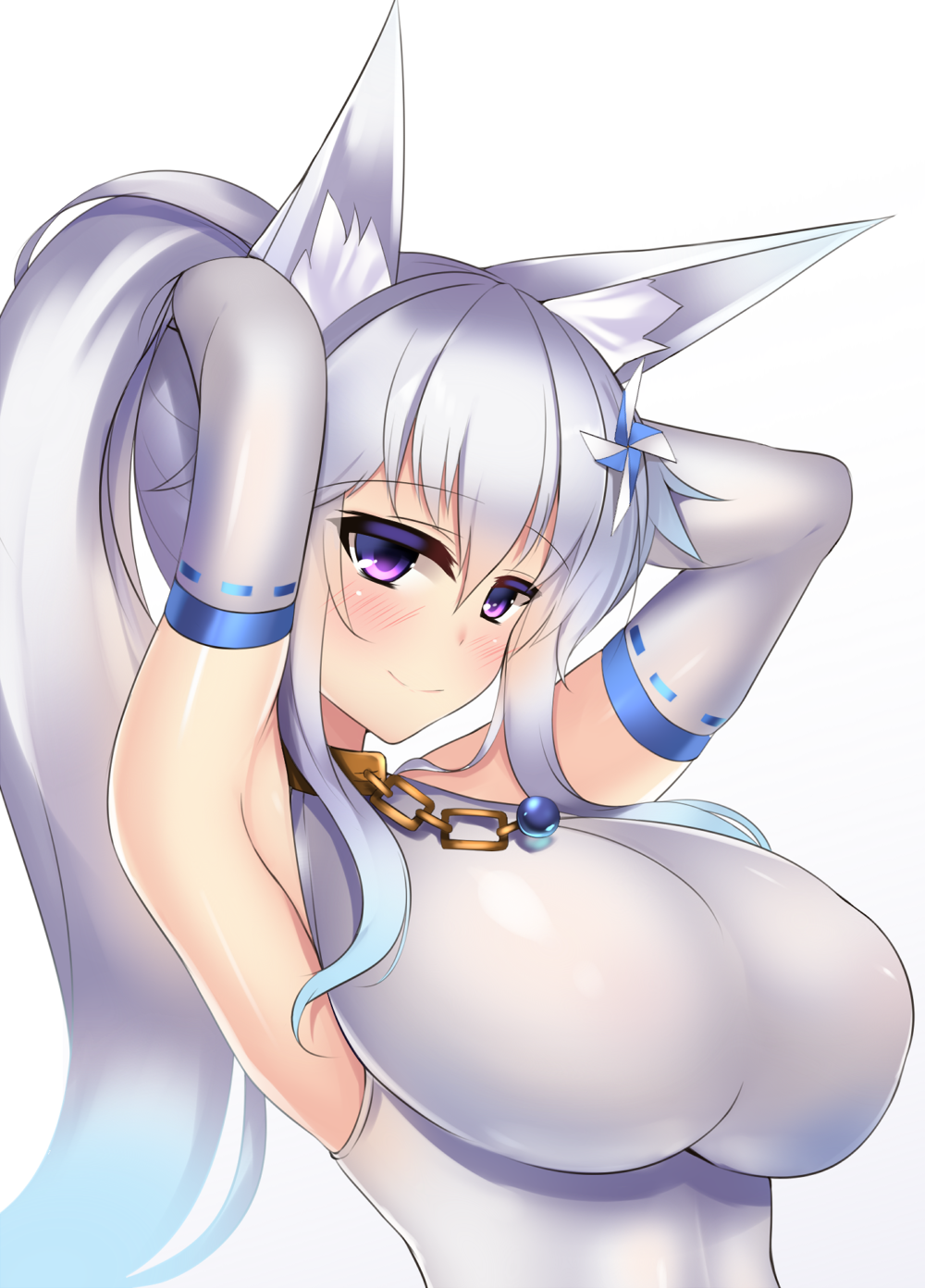 1girl animal_ears arms_up bangs blush breasts closed_mouth elbow_gloves eyebrows_visible_through_hair fox_ears gloves grey_gloves hair_between_eyes hair_ornament highres impossible_clothes impossible_leotard kutan large_breasts leotard looking_at_viewer mizuki_(kutan) original ponytail sidelocks smile solo turtleneck white_leotard