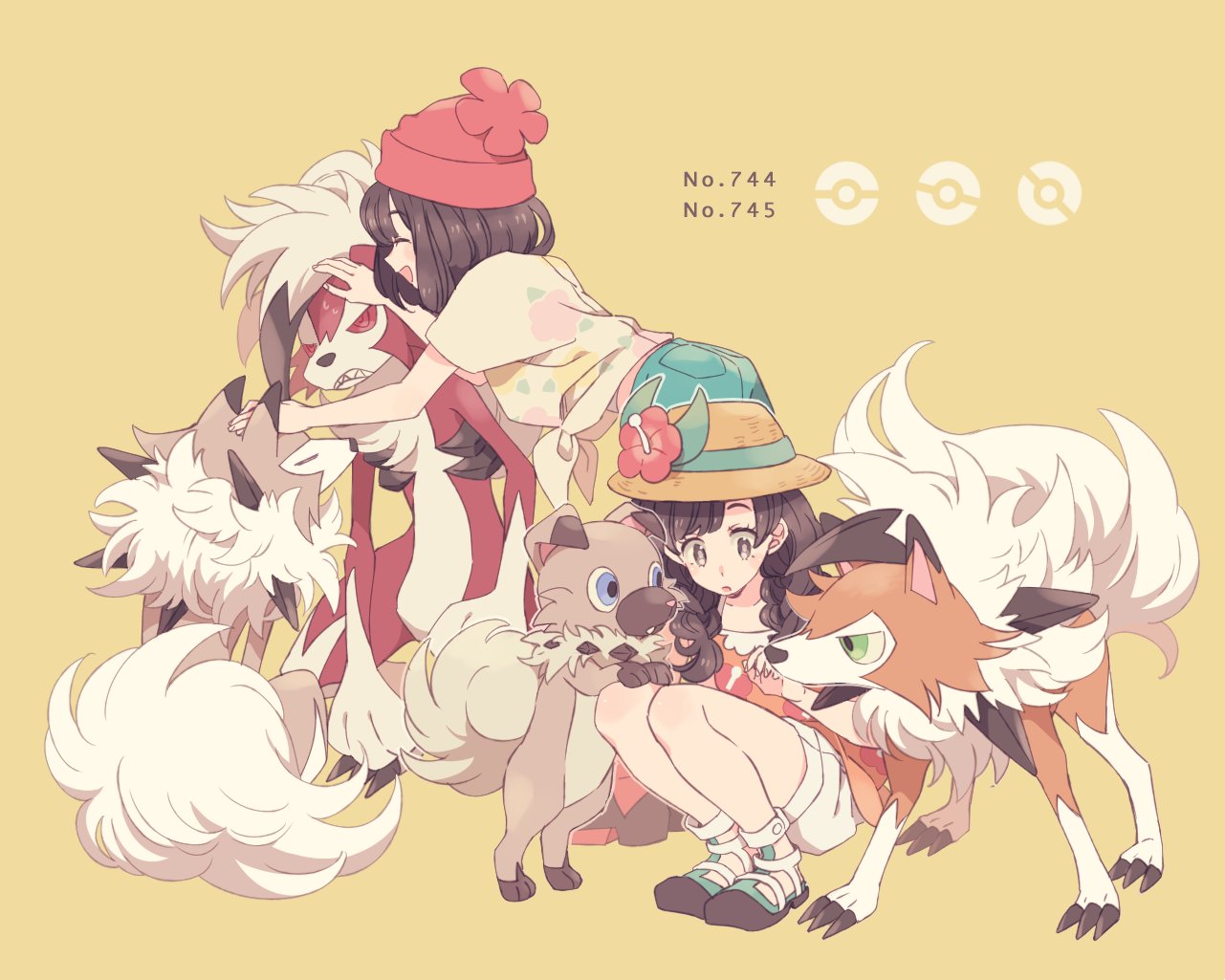 2girls beanie bent_over braid brown_eyes brown_hair closed_eyes dual_persona flower from_side hat hat_flower komasawa_(fmn-ppp) lycanroc mizuki_(pokemon_sm) mizuki_(pokemon_ultra_sm) multiple_girls open_mouth petting pokemon pokemon_(creature) pokemon_(game) pokemon_sm pokemon_ultra_sm red_hat rockruff shirt short_hair short_sleeves shorts simple_background squatting sun_hat tied_shirt twin_braids white_shorts yellow_background