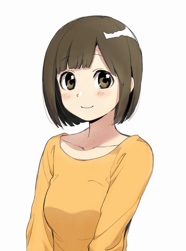 1girl arms_at_sides asymmetrical_bangs bangs blush breasts brown_hair closed_mouth commentary_request eyebrows_visible_through_hair kawai_makoto long_sleeves looking_at_viewer medium_breasts orange_shirt shiny shiny_hair shirt short_hair simple_background smile solo white_background