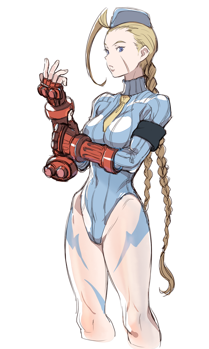 1girl antenna_hair blonde_hair blue_eyes blue_leotard braid cammy_white fingerless_gloves gloves hat highleg highleg_leotard kirusu leotard necktie red_gloves scar simple_background solo street_fighter thighs