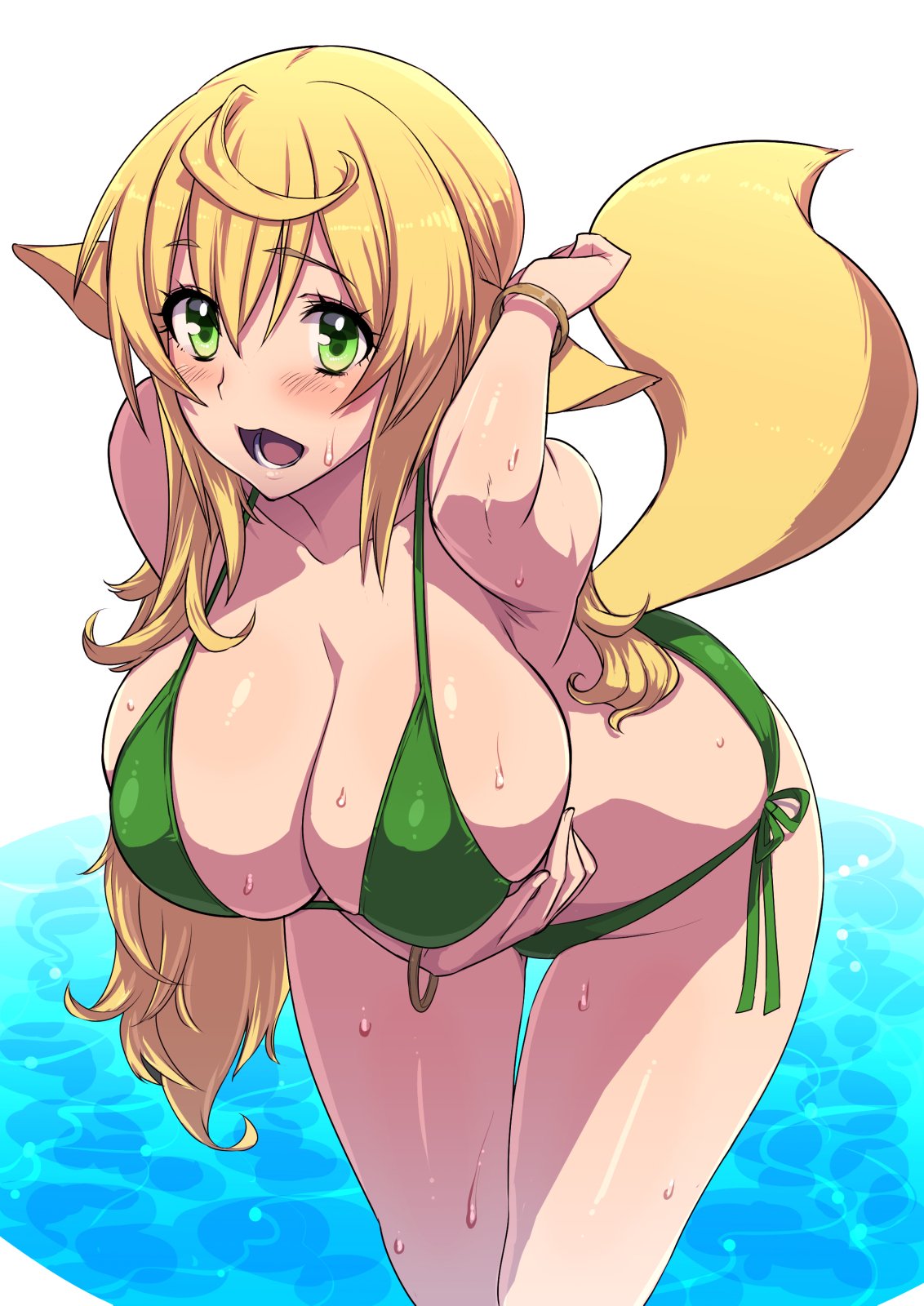 1girl ahoge angelo_(gomahangetsu) animal_ears bare_shoulders bikini blonde_hair blush bracelet breasts cleavage commentary_request eyebrows_visible_through_hair eyelashes green_bikini green_eyes hair_between_eyes hanging_breasts highres jewelry large_breasts leaning_forward legs_together long_hair looking_at_viewer open_mouth original shiny shiny_hair shiny_skin side-tie_bikini solo standing swimsuit tail teeth thigh_gap thighs water wet