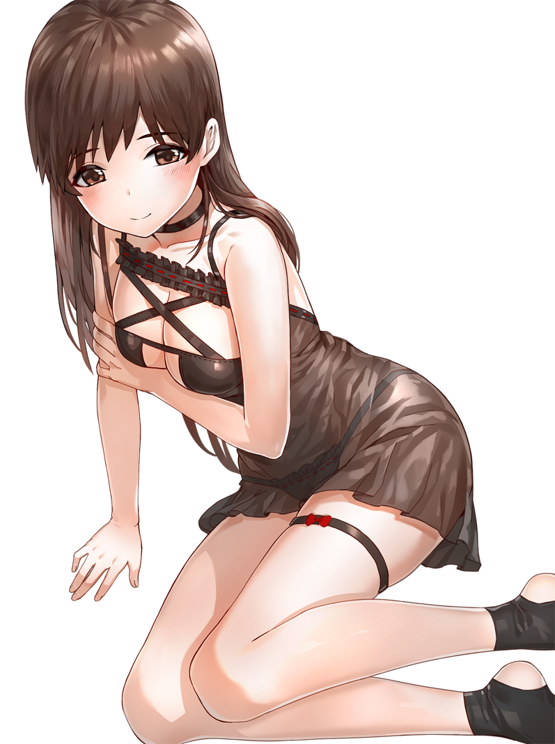 1girl arm_support bangs bare_arms bare_shoulders black_neckwear blush breasts brown_eyes brown_hair closed_mouth eyebrows_visible_through_hair holding_arm idolmaster idolmaster_cinderella_girls kfr legband lingerie long_hair looking_at_viewer medium_breasts negligee nitta_minami revision simple_background skindentation smile solo stirrup_legwear underwear white_background