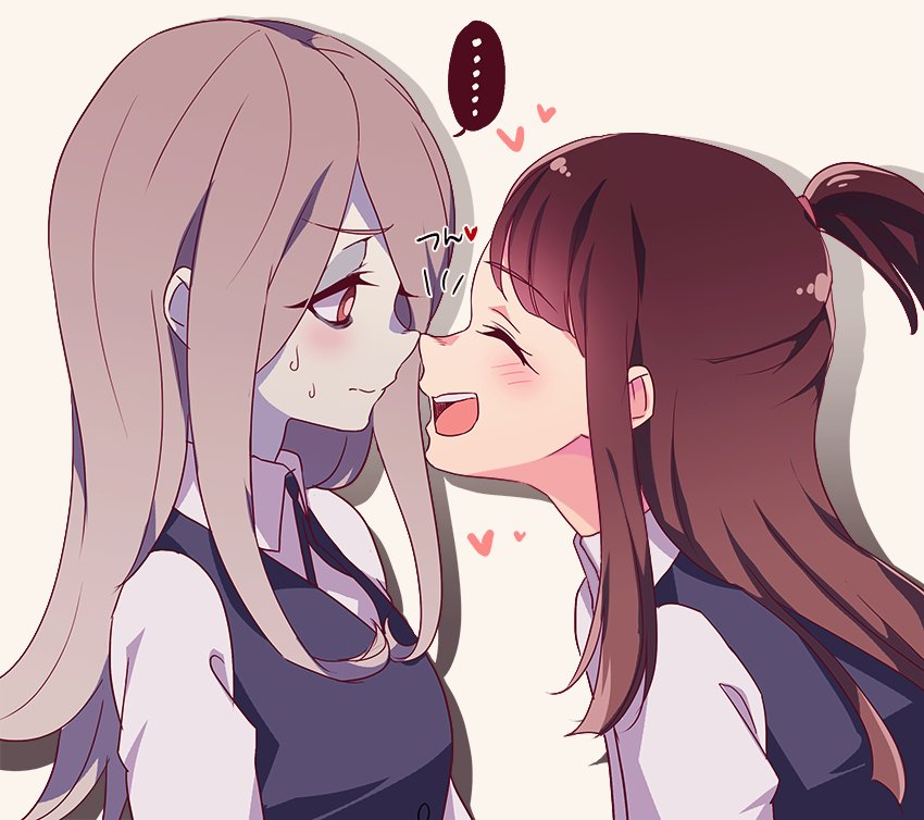 ... 2girls :d ^_^ blush brown_hair closed_eyes closed_mouth grey_hair heart kagari_atsuko little_witch_academia long_hair looking_at_another multiple_girls negom noses_touching open_mouth pale_skin profile red_eyes school_uniform smile speech_bubble spoken_ellipsis sucy_manbavaran upper_body yuri