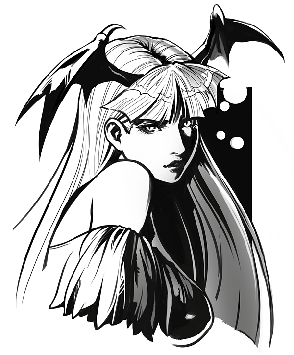 1girl bangs bare_shoulders bat_wings breasts commentary_request cropped_torso from_side greyscale head_wings large_breasts long_hair looking_at_viewer looking_to_the_side monochrome morrigan_aensland parted_lips shuichi_wada slit_pupils solo vampire_(game) wings