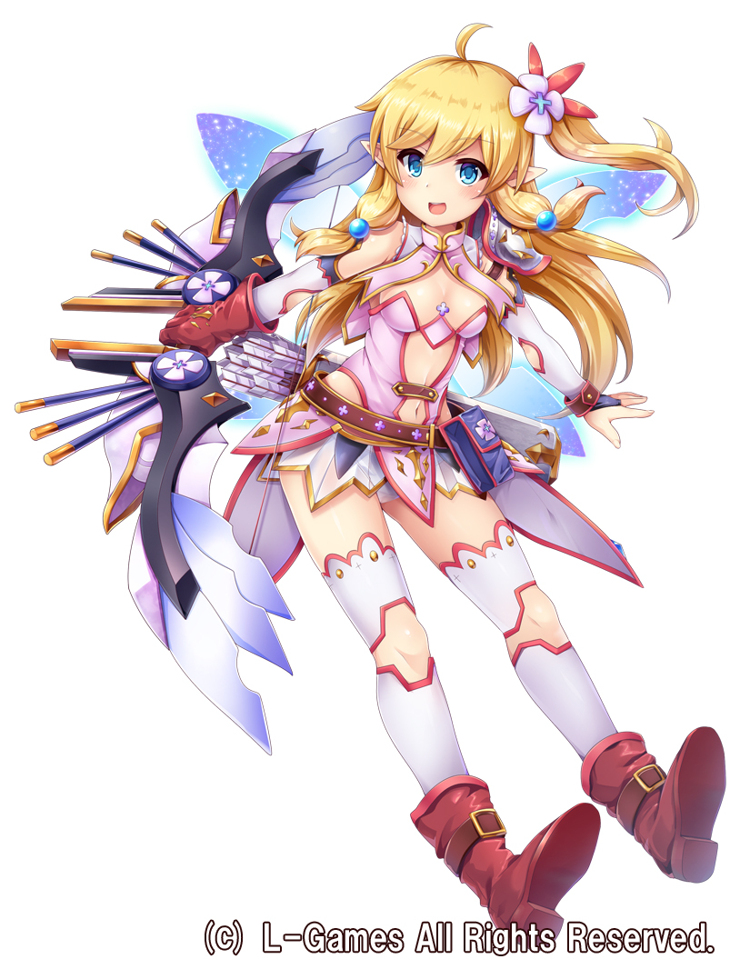 1girl :d ahoge ankle_boots arrow bangs bare_shoulders beads belt_pouch blonde_hair blue_eyes boots bow_(weapon) breasts bridal_gauntlets brown_belt brown_gloves buckle cleavage commentary_request company_name covered_collarbone cross dress eyebrows_visible_through_hair fairy_wings floating_hair flower full_body gloves glowing glowing_wings hair_beads hair_between_eyes hair_flower hair_ornament holding holding_bow_(weapon) holding_weapon knee_cutout koutetsu_no_shugo_hime_heidan-maiden_ritter- long_hair looking_at_viewer microdress navel official_art open_mouth outstretched_arms panties pink_dress pointy_ears quiver red_footwear samoore shiny shiny_hair sidelocks simple_background single_glove single_spaulder sleeveless sleeveless_dress small_breasts smile solo spaulders thigh-highs underwear weapon white_background white_legwear white_panties wings