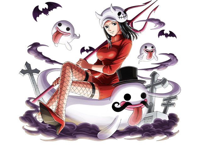 1girl bat black_hair blue_eyes bodskih fishnet_legwear fishnets ghost high_heels holding holding_weapon legs_crossed long_hair looking_at_viewer nico_robin one_piece red_shoes red_sweater shoes sitting smile solo thigh-highs transparent_background weapon