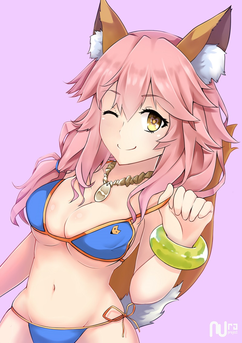 1girl animal_ears bikini blue_bikini blush breasts cleavage collarbone fate/grand_order fate_(series) fox_ears fox_tail groin hair_ribbon heart heart-shaped_pupils large_breasts long_hair looking_at_viewer navel nura_project one_eye_closed pink_background pink_hair ribbon simple_background solo swimsuit symbol-shaped_pupils tail tamamo_(fate)_(all) tamamo_no_mae_(swimsuit_lancer)_(fate) yellow_eyes