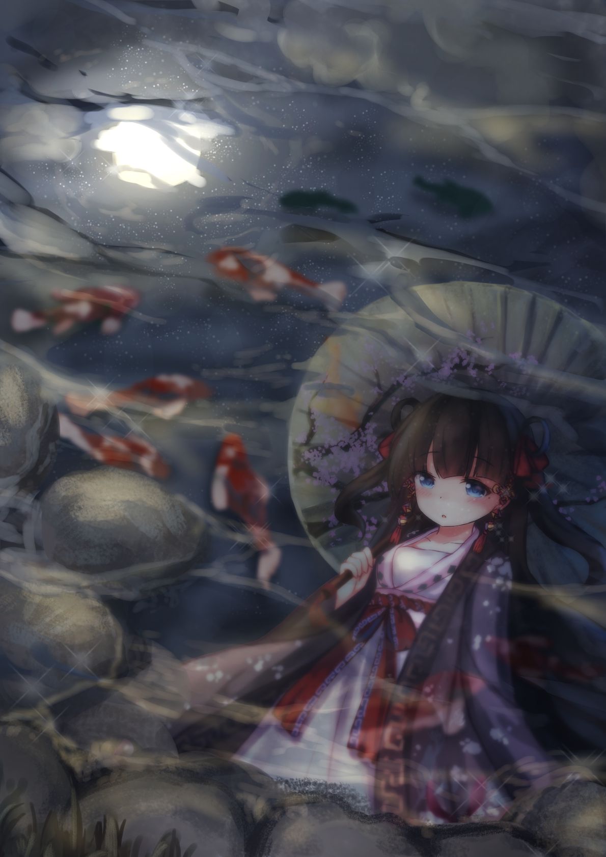1girl :o animal bangs blue_eyes blunt_bangs blush brown_hair clouds collarbone dress earrings eyebrows_visible_through_hair fish floral_print full_moon hair_ribbon happi highres holding holding_umbrella japanese_clothes jewelry koi long_hair long_sleeves maka_neko moon night night_sky open_clothes open_mouth original outdoors parasol red_ribbon reflection ribbon rock sash sky solo star_(sky) starry_sky umbrella upper_body water white_dress wide_sleeves