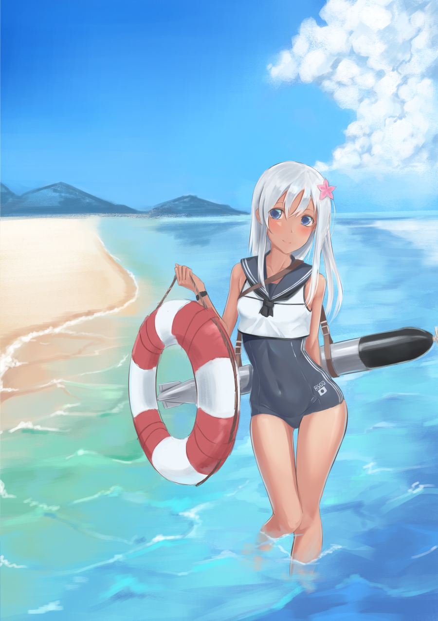 1girl beach black_sailor_collar black_swimsuit blue_eyes blue_sky clouds covered_navel crop_top flower hair_flower hair_ornament highres kantai_collection lifebuoy one-piece_swimsuit one-piece_tan outdoors ro-500_(kantai_collection) rure sailor_collar school_swimsuit silver_hair sky solo swimsuit swimsuit_under_clothes tan tanline torpedo wading water