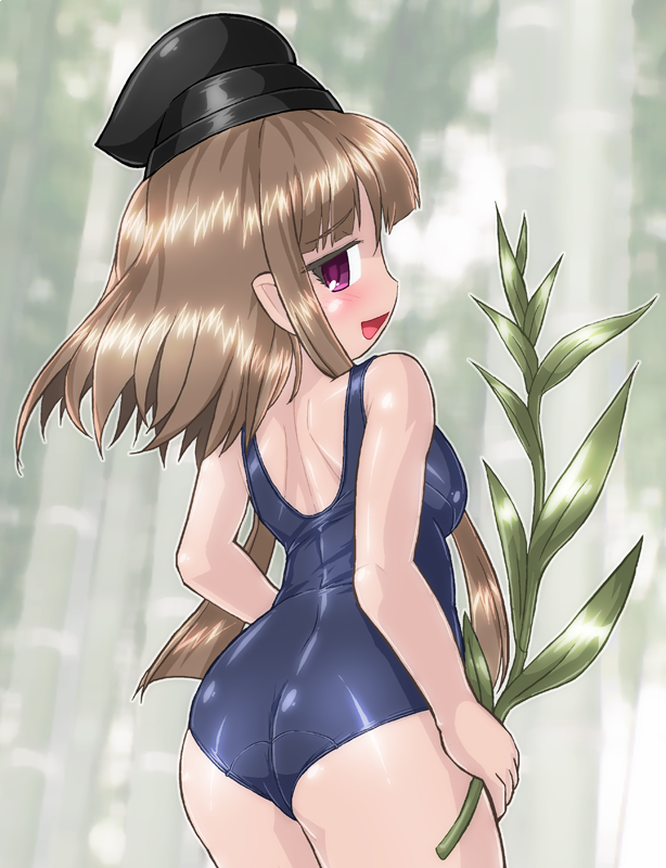 1girl alternate_costume ass bangs black_hat blunt_bangs blush breasts brown_hair from_behind hat long_hair looking_at_viewer looking_back myouga_(plant) nishida_satono open_mouth pink_eyes pointy_ears school_swimsuit sidelocks small_breasts smile solo standing swimsuit tate_eboshi touhou winn