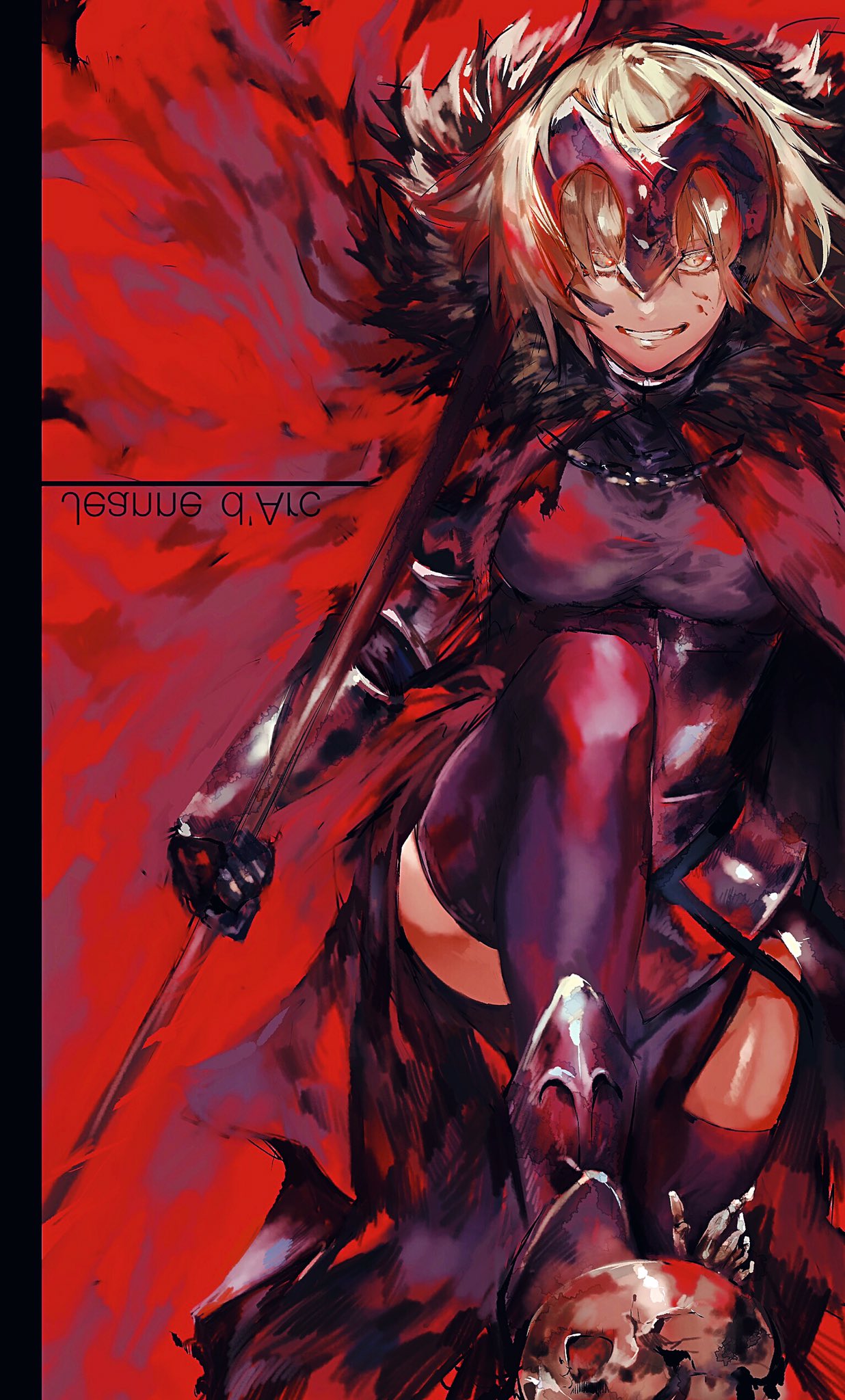 1girl blonde_hair blood blood_on_face cape chains dress fate/grand_order fate_(series) fur_trim gauntlets grin headpiece highres irorigumi jeanne_alter looking_at_viewer ruler_(fate/apocrypha) short_hair skull smile solo thigh-highs yellow_eyes