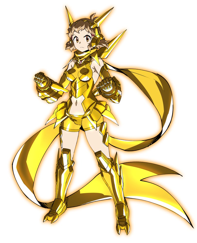 10s 1girl alternate_color armor armored_boots armpit_peek bare_shoulders boots breasts brown_hair clenched_hand gauntlets gold_armor hair_ornament hairclip headgear medium_breasts midriff murakami_hisashi orange_eyes scarf senki_zesshou_symphogear serious shiny shiny_clothes tachibana_hibiki_(symphogear)