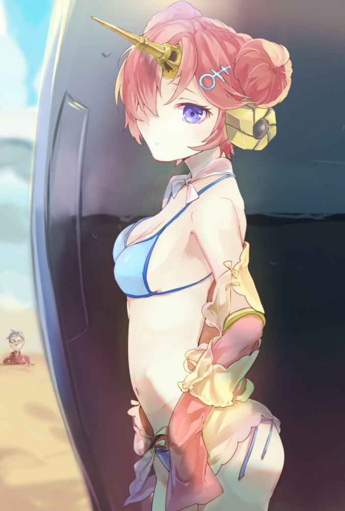1boy 1girl armpit_peek bangs bare_shoulders berserker_of_black bikini blue_bikini breasts buried cleavage closed_mouth commentary cowboy_shot detached_collar detached_sleeves double_bun fate/grand_order fate_(series) frankenstein's_monster_(swimsuit_saber)_(fate) from_side hair_ornament hair_over_one_eye hairclip headgear horn james_moriarty_(fate/grand_order) light_blush long_sleeves looking_at_viewer looking_to_the_side medium_breasts navel one_eye_covered pink_hair sailor_collar sand sideboob sleeves_past_wrists solo_focus standing stuck swimsuit tomozero violet_eyes