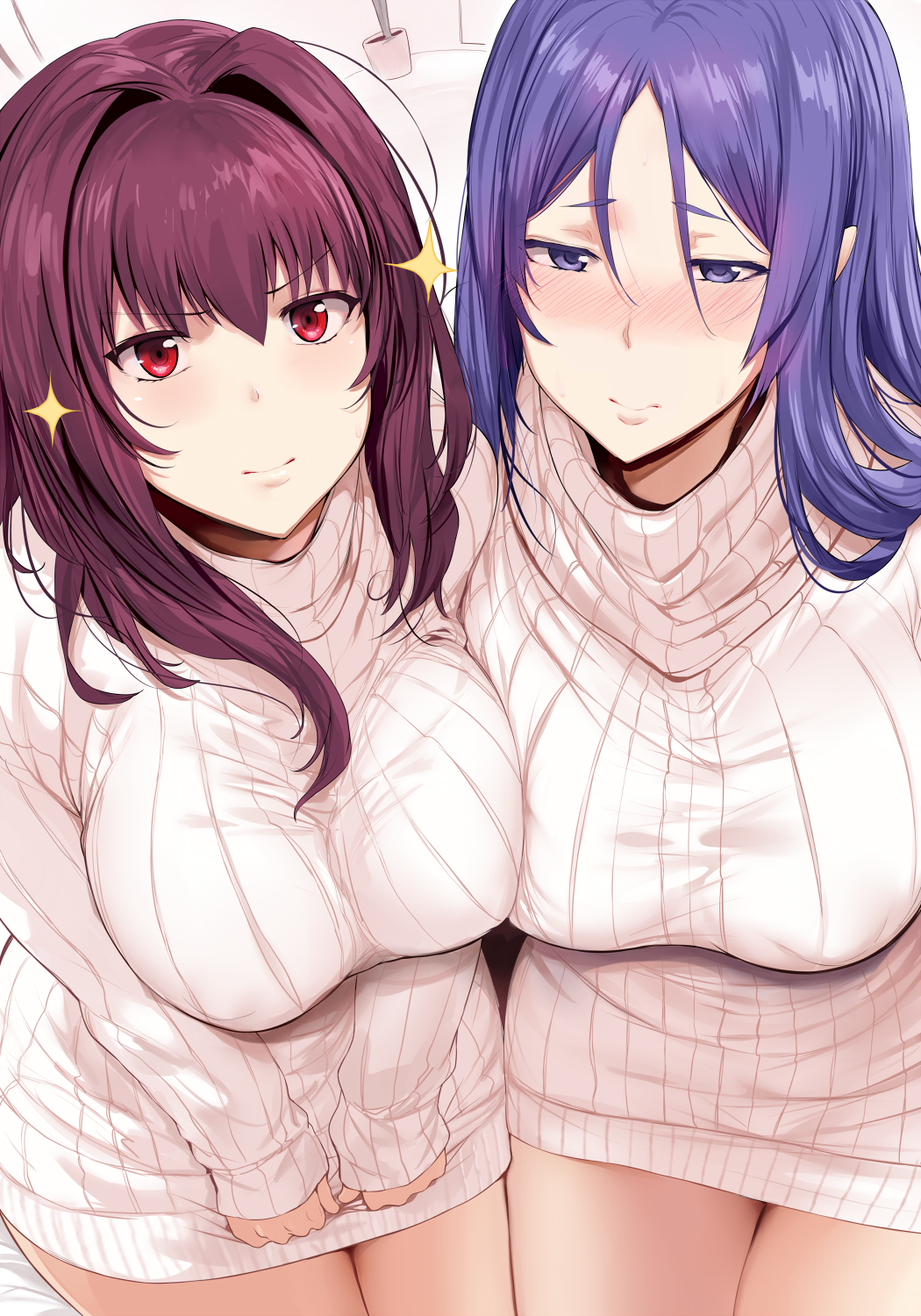 2girls 3: blue_eyes blue_hair blush breasts closed_mouth commentary_request cowboy_shot dress fate/grand_order fate_(series) hair_intakes hews_hack highres large_breasts long_hair looking_at_viewer minamoto_no_raikou_(fate/grand_order) multiple_girls purple_hair red_eyes ribbed_sweater scathach_(fate/grand_order) sidelocks sleeves_past_wrists sparkle sweat sweater sweater_dress turtleneck turtleneck_sweater