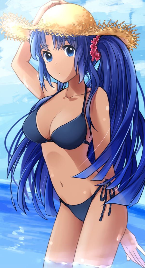 1girl alternate_hairstyle asakura_ryouko bikini blue_eyes blue_hair blue_sky breasts cleavage clouds collarbone commentary_request hat long_hair looking_at_viewer medium_breasts nao_(doublexdutch) navel ocean side_ponytail sky straw_hat suzumiya_haruhi_no_yuuutsu swimsuit tan wading