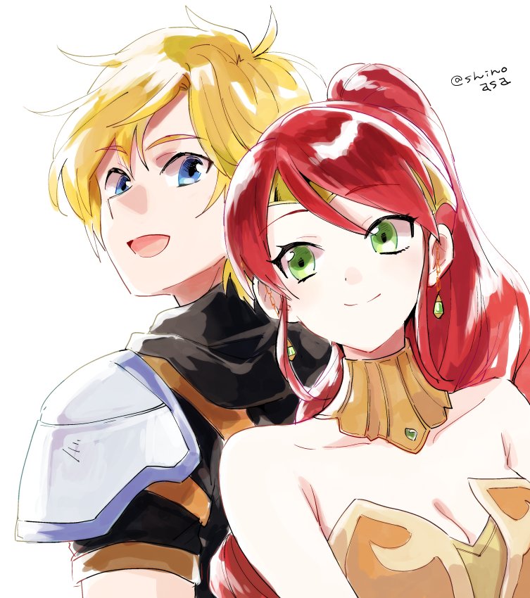 1boy 1girl :d arm armor arms_at_sides artist_name back-to-back bare_arms black_hoodie blonde_hair blue_eyes breasts check_commentary cleavage closed_mouth commentary_request couple eyebrows_visible_through_hair green_eyes hetero highres hoodie jaune_arc jewelry large_breasts long_hair looking_at_another looking_back open_mouth pauldrons ponytail pyrrha_nikos redhead rwby shinoasa shiny shiny_hair short_hair shoulder_armor smile strapless tiara upper_body