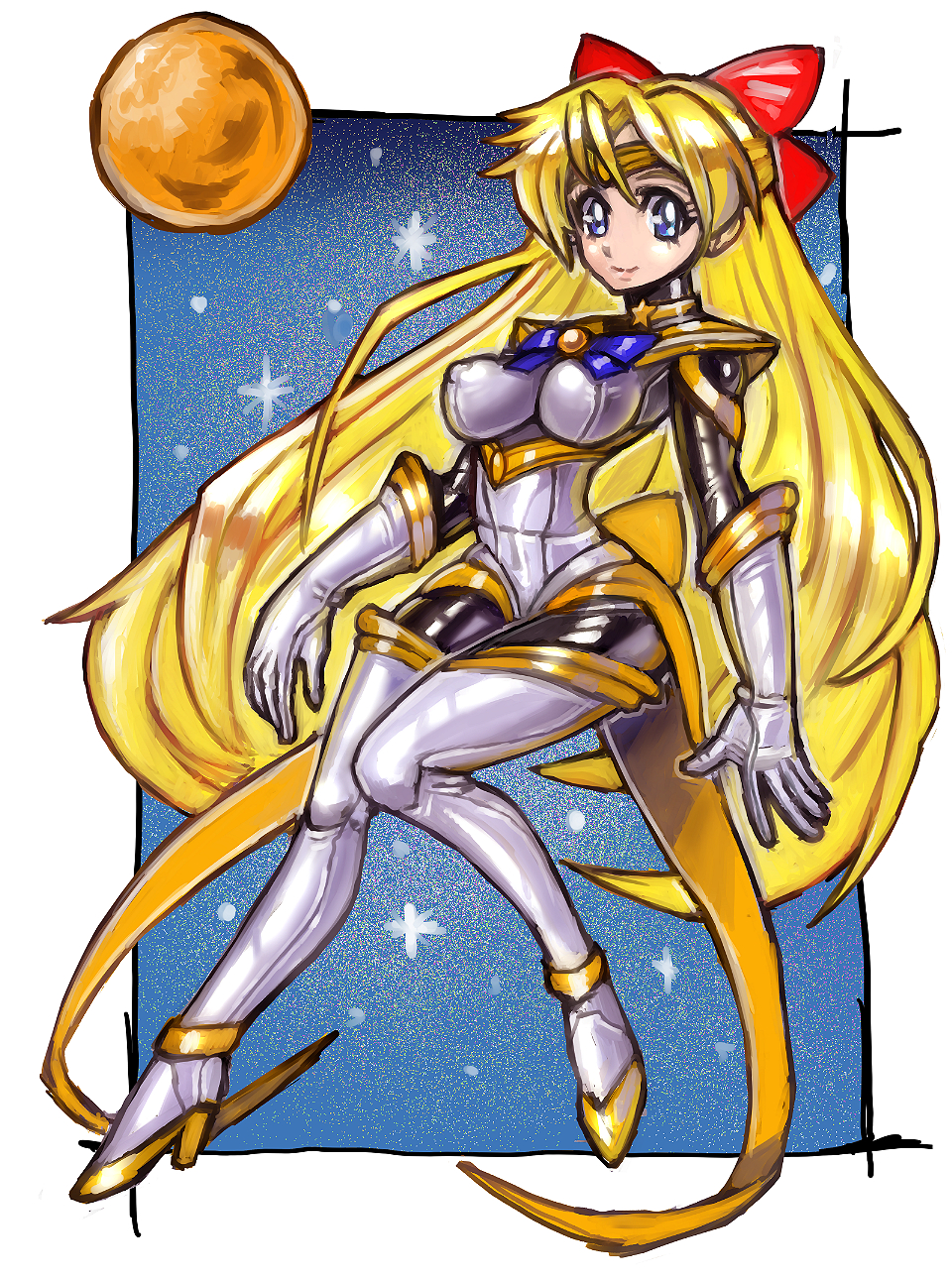 1girl adapted_costume aino_minako alternate_costume arms_at_sides bangs bishoujo_senshi_sailor_moon blonde_hair blue_bow blue_eyes blue_neckwear bodystocking bow bowtie breasts choker circlet closed_mouth coattails elbow_gloves erect_nipples eyebrows eyelashes facing_away gloves hair_between_eyes hair_bow high_heels highres knees_together_feet_apart leotard lips long_hair looking_at_viewer medium_breasts oomasa_teikoku pink_lips planet red_bow sailor_collar sailor_venus shiny shiny_clothes shoes smile solo space star star_(sky) tareme thigh-highs venus_(planet) very_long_hair white_border white_gloves white_legwear white_leotard yellow_choker yellow_shoes