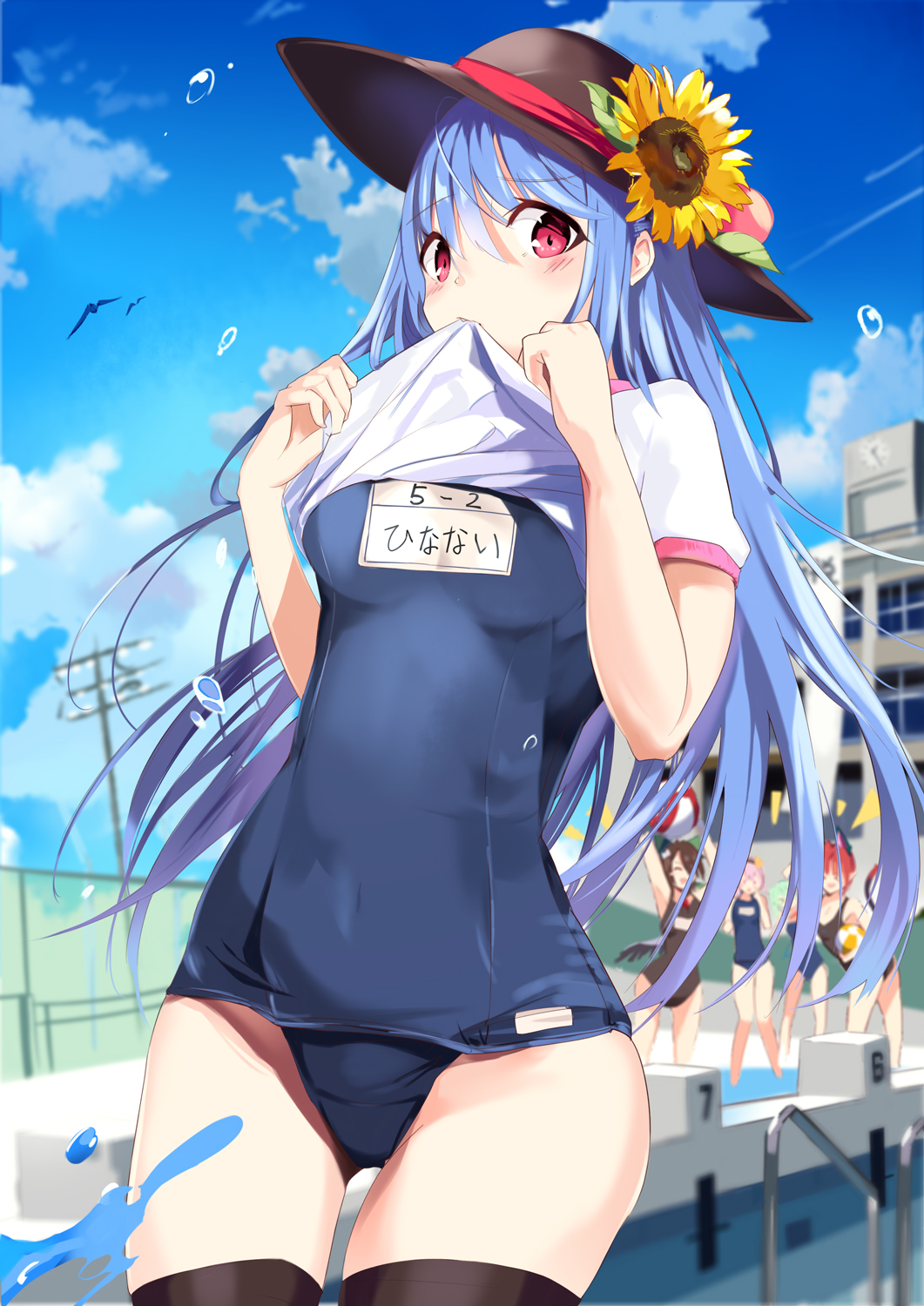 &gt;_&lt; 5girls :d ^_^ animal_ears ball bangs bare_arms bare_legs beachball bird black_hairband black_hat black_legwear black_swimsuit black_wings blue_hair blue_sky blue_swimsuit blush bow breasts brown_hair building cat_ears cat_tail closed_eyes clouds commentary_request competition_school_swimsuit covered_navel cowboy_shot day eyebrows_visible_through_hair feathered_wings fence flower food fruit green_bow green_hair hair_between_eyes hair_bow hair_ornament hairband hand_up hands_up hat hat_flower heart heart_hair_ornament highres hinanawi_tenshi holding kaenbyou_rin komeiji_koishi komeiji_satori leaf lifted_by_self long_hair looking_at_viewer medium_breasts mouth_hold multiple_girls open_mouth outdoors peach pink_eyes pink_hair pool redhead reiuji_utsuho shirt shirt_lift short_hair short_sleeves siblings sisters sky smile sunflower swimsuit tail tetsurou_(fe+) thigh-highs thigh_gap thighs touhou translated very_long_hair wading water_drop white_shirt wings