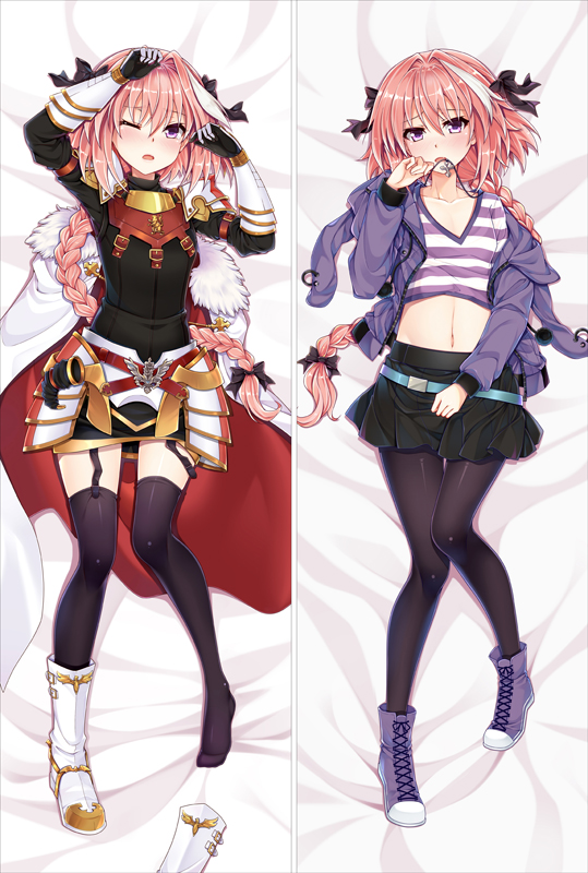 1boy armor armored_dress arms_up bakugadou bangs bed_sheet belt black_bow black_legwear black_skirt blush boot_removed bow braid cape cross cross_necklace dakimakura eyebrows_visible_through_hair fate/apocrypha fate_(series) full_body fur_trim garter_straps hair_between_eyes hair_bow hair_intakes hand_up hood hoodie jewelry knees_together_feet_apart long_hair long_sleeves looking_at_viewer lying midriff miniskirt multicolored_hair multiple_views navel necklace on_back one_eye_closed open_mouth pink_hair pleated_skirt rider_of_black shirt shoes single_braid skirt solo stomach streaked_hair striped striped_shirt thigh-highs thigh_gap trap very_long_hair violet_eyes zettai_ryouiki