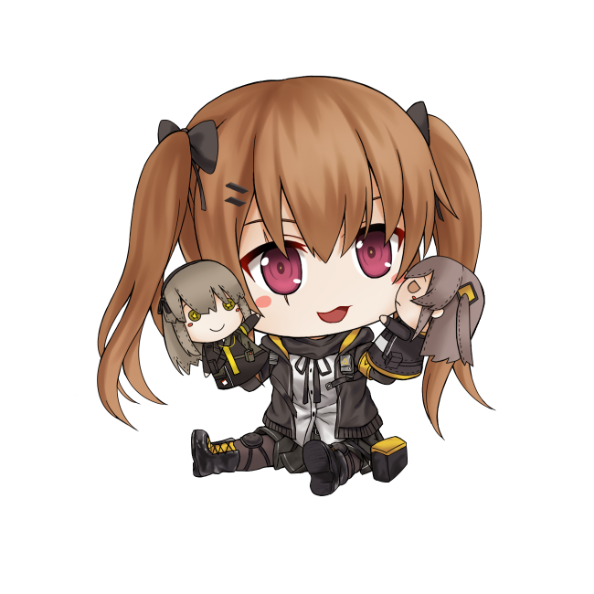 1girl :d black_footwear black_jacket black_legwear black_ribbon black_scarf black_skirt blush_stickers boots brown_hair chien_zero full_body girls_frontline hair_ornament hair_ribbon hairclip hand_puppet hands_up hood hood_down hooded_jacket jacket knee_boots long_hair looking_at_viewer open_clothes open_jacket open_mouth pantyhose pink_eyes pleated_skirt pocket puppet ribbon scarf shirt simple_background sitting skirt smile solo twintails ump40_(girls_frontline) ump45_(girls_frontline) ump9_(girls_frontline) white_background white_shirt