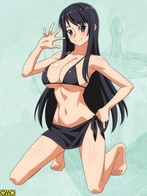 1girl bangs bare_arms bare_legs bare_shoulders barefoot bikini_top black_bikini_top black_eyes black_hair blush breasts cleavage closed_mouth copyright_request eyebrows_visible_through_hair full_body green_background hand_on_hip hand_up head_tilt kneeling large_breasts long_hair looking_at_viewer navel omc ra-pen sarong smile solo spread_fingers stomach swimsuit tareme