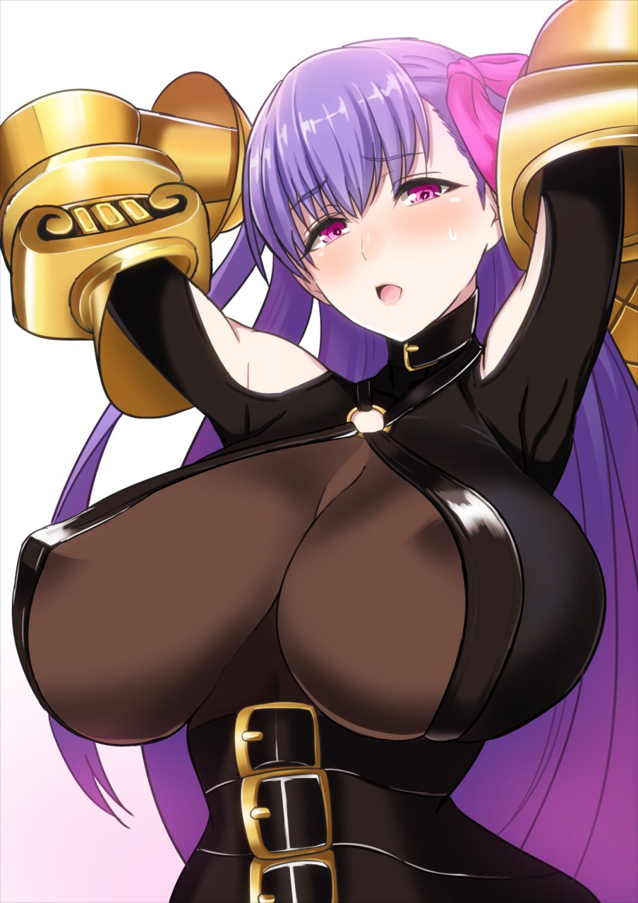 1girl armpits arms_up bangs belt belt_buckle blush bodysuit breasts buckle choker claws erect_nipples eyebrows_visible_through_hair fate/extra fate/extra_ccc fate_(series) hair_ribbon halterneck highres huge_breasts kawabata_yoshiro long_hair looking_at_viewer o-ring open_mouth passion_lip pink_eyes pink_ribbon purple_hair ribbon shoulder_cutout simple_background solo sweatdrop vambraces waist white_background