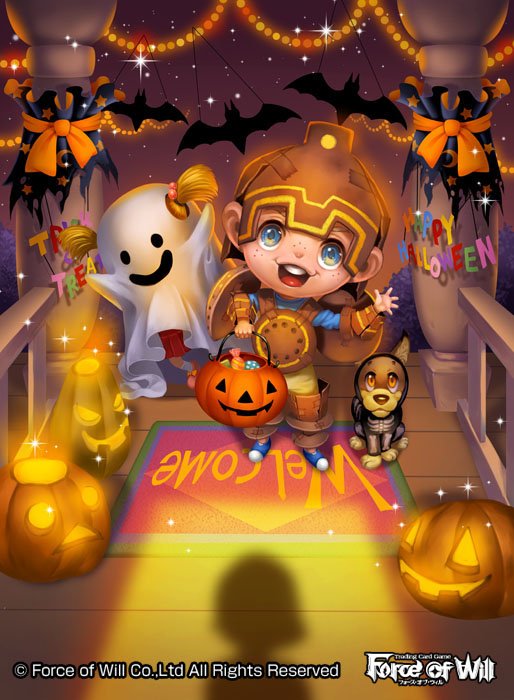 1boy 1girl armor bat blonde_hair bow candy child copyright_name dog food force_of_will freckles ghost_costume halloween halloween_costume hat misa_tsutsui night night_sky official_art open_mouth pumpkin sky sparkle star_(sky) teeth trick_or_treat twintails
