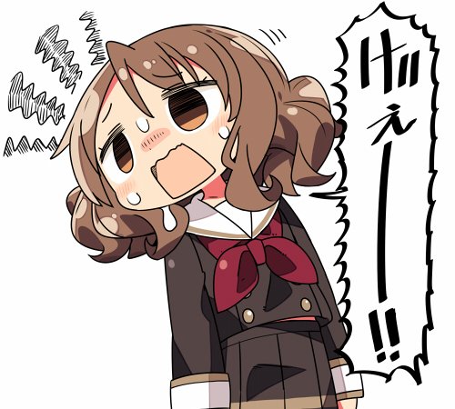 1girl blush brown_eyes brown_hair brown_jacket brown_skirt commentary_request cowboy_shot hibike!_euphonium jacket kanikama looking_away looking_to_the_side lowres neckerchief open_mouth oumae_kumiko pleated_skirt red_neckerchief sailor_collar school_uniform serafuku simple_background skirt solo standing sweatdrop translation_request white_background